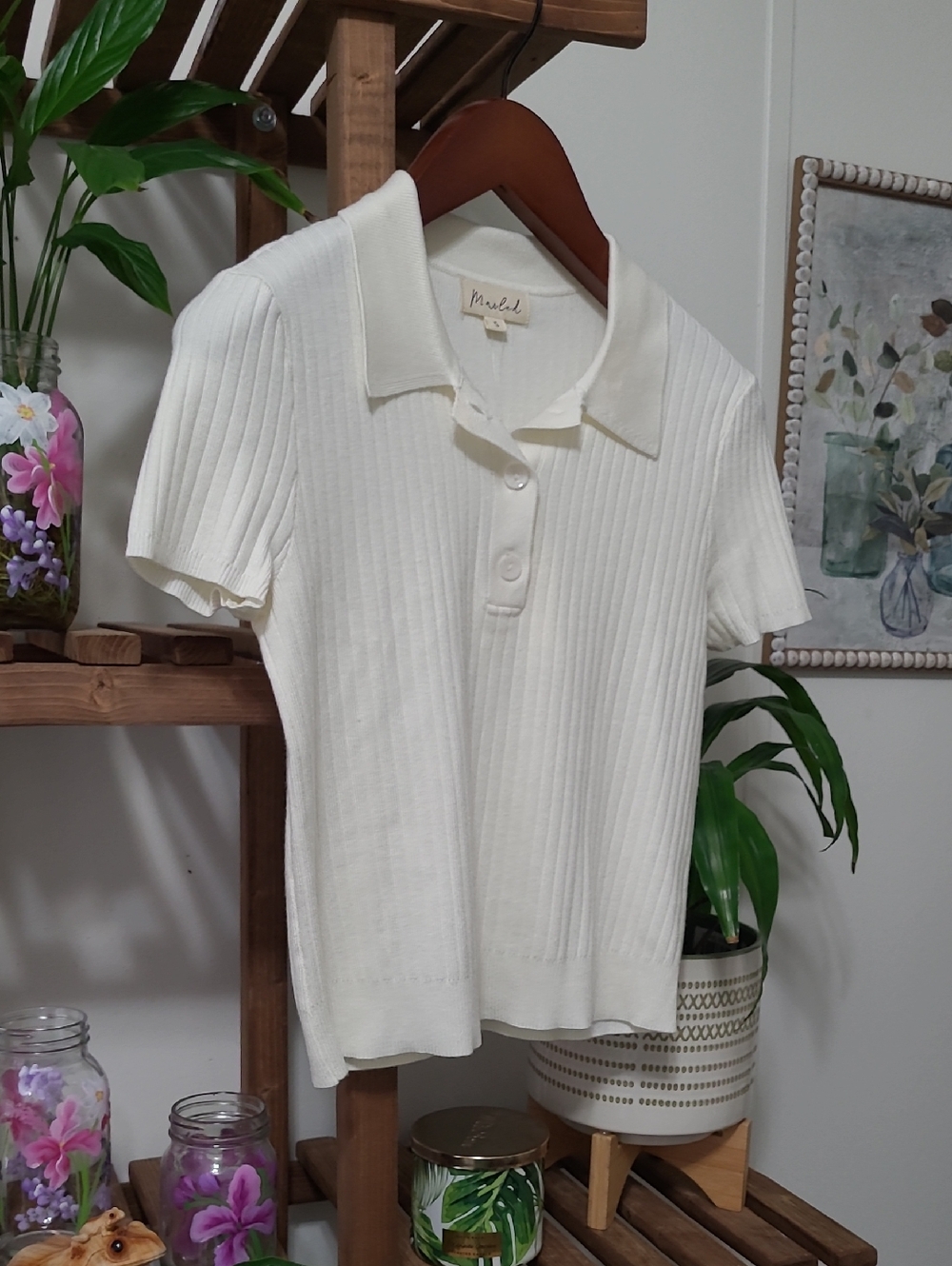 Marled Cream Ribbed Knit Sweater Polo NWT - Picture 2 of 6